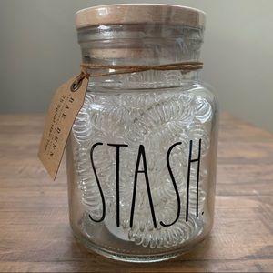 Rae Dunn STASH jar with hair ties inside